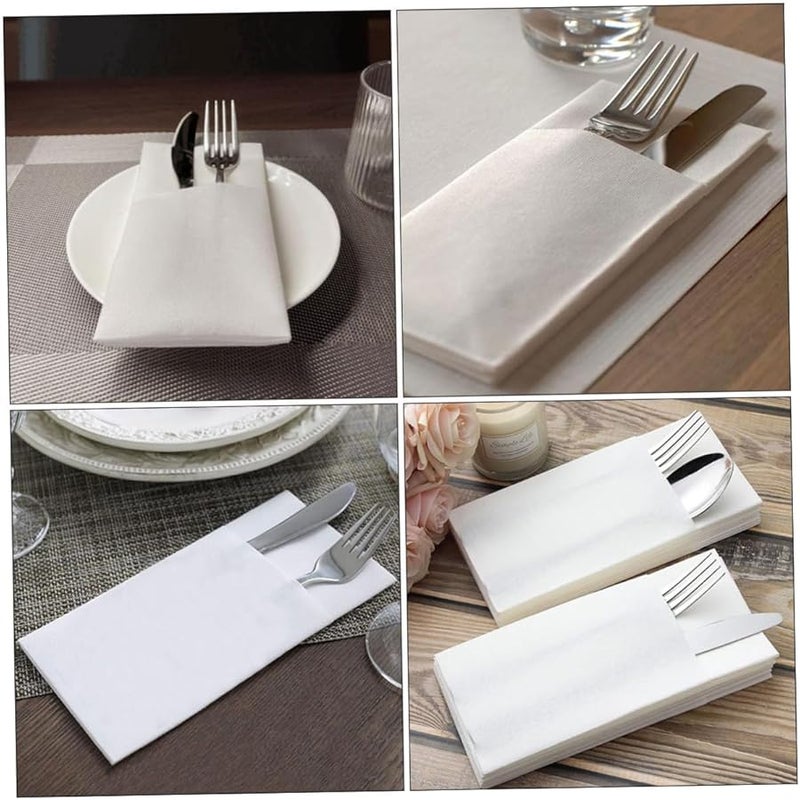 مناديل بيضاء قابلة للاستعمال مرة واحدة مع جيب أدوات المائدة 50 قطعة لحفلات الزفاف والحفلات والتجمعات العائلية - Image 5